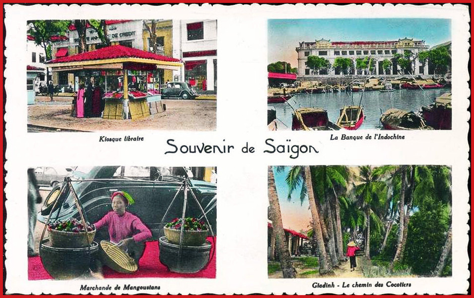 Từ trái sang phải, từ trên xuống dưới: 1 – Quầy sách báo. 2 – Ngân hàng Đông Dương. 3 – Người bán hoa quả. 4 – Con đường dưới bóng dừa. Ảnh: Public Domain.