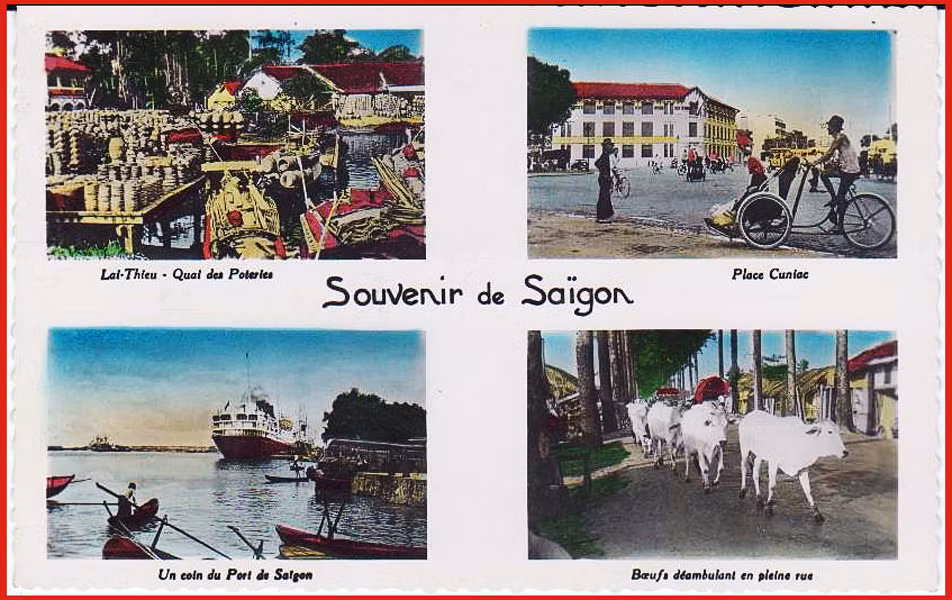Từ trái sang phải, từ trên xuống dưới: 1 – Cảng Lái Thiêu. 2 – Tòa nhà Cuniac. 3 – Một góc cảng Sài Gòn. 4 – Đàn bò thơ thẩn trên đường. Ảnh: Public Domain.