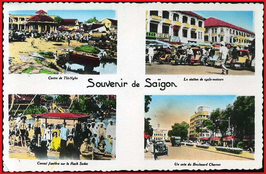 Từ trái sang phải, từ trên xuống dưới: 1 – Chợ Thị Nghè bên rạch Thị Nghè. 2 – Bến xích lô máy. 3 – Đám ma trên sông nước. 4 – Đại lộ Charner (đường Nguyễn Huệ). Ảnh: Public Domain.