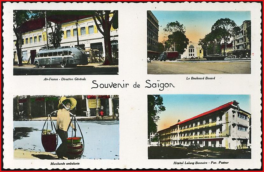 Từ trái sang phải, từ trên xuống dưới: 1 – Trụ sở của Air France. 2 – Đại lộ Bonard (đường Lê Lợi) và nhà hát thành phố. 3 – Gánh hàng rong. 4 – Viện Pasteur. Ảnh: Public Domain.