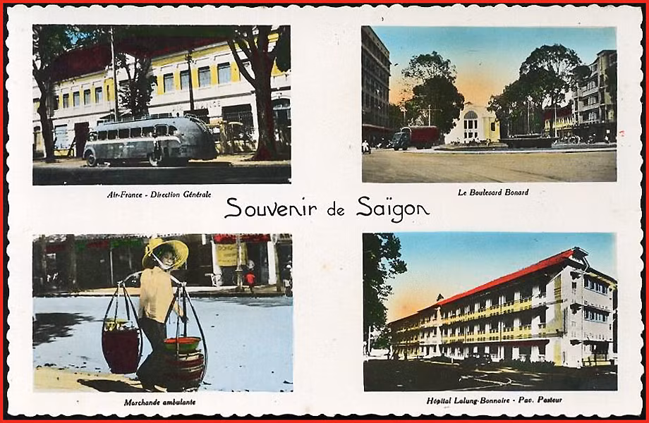Từ trái sang phải, từ trên xuống dưới: 1 – Trụ sở của Air France. 2 – Đại lộ Bonard (đường Lê Lợi) và nhà hát thành phố. 3 – Gánh hàng rong. 4 – Viện Pasteur. Ảnh: Public Domain.