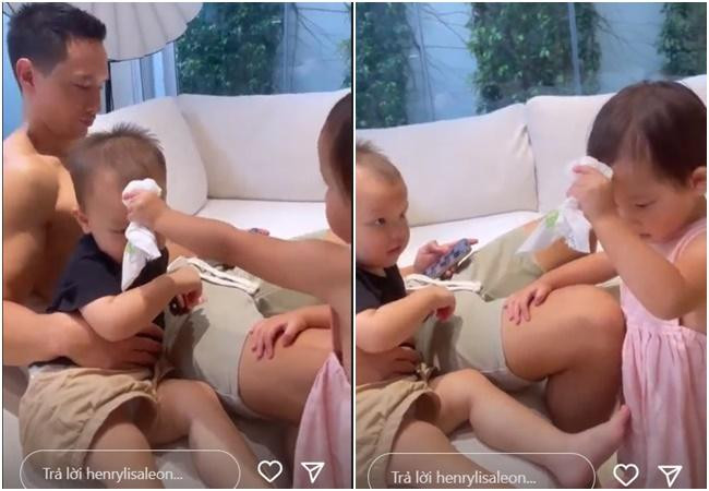 isa tình cảm lau trán cho em. Song khiến dân mạng chú ý hơn cả là đoạn clip ghi lại hành động "lấy thịt đè người" của Leon với Lisa. Cụ thể, khi chị gái song sinh đang nằm trò chuyện cùng người thân, Leon đặt đầu đầy tình cảm lên lưng chị. Tuy nhiên, chỉ vài giây sau đó, nhóc tỳ đã dùng thân hình "đô con" của mình đè luôn Lisa. Chứng kiến hành động của cậu út, người thân chỉ biết kêu lên đầy bất lực: "Nặng quá, trời ơi".