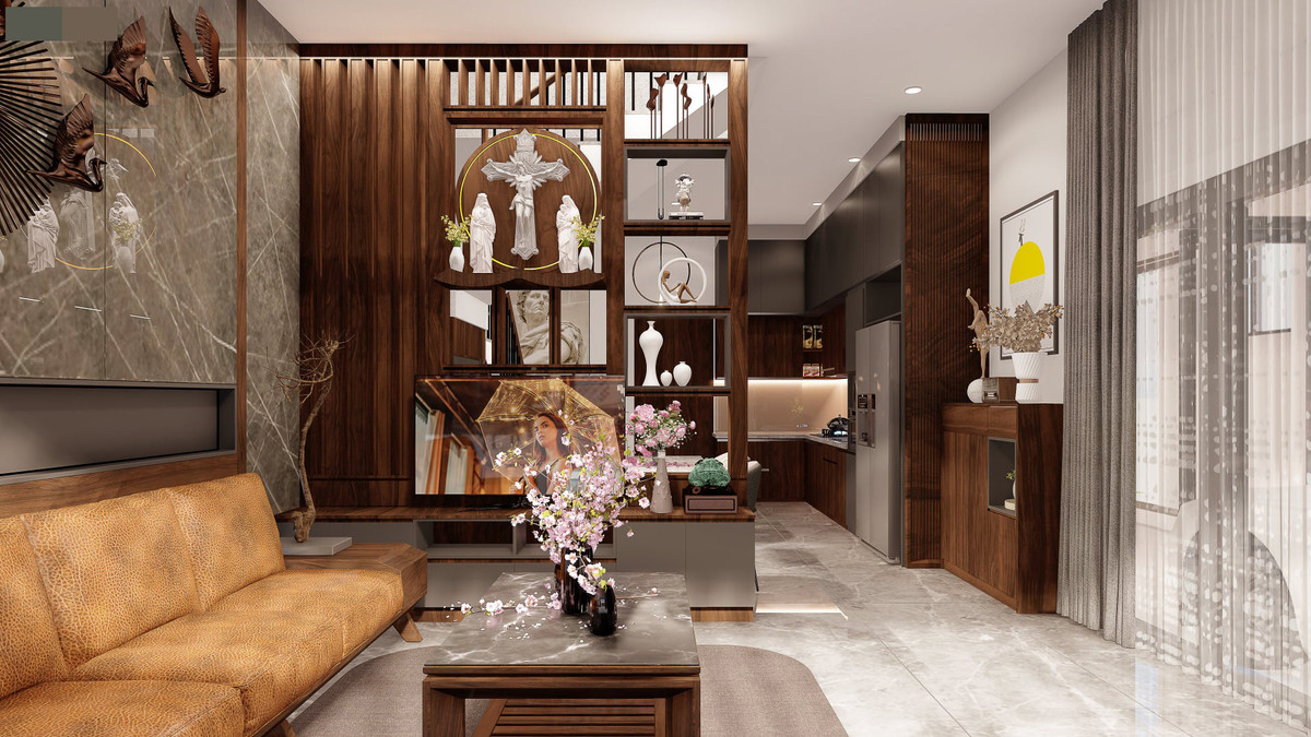 Bên cạnh khu vực ngoại thất được thiết kế độc đáo, các khu vực chức năng ở bên trong nhà được phân chia hợp lý và khoa học. Tầng 1 là khách, bếp và khu vực ăn. Các không gian tạo thành một khối liền mạch, phục vụ sinh hoạt cho gia chủ một cách thuận tiện.