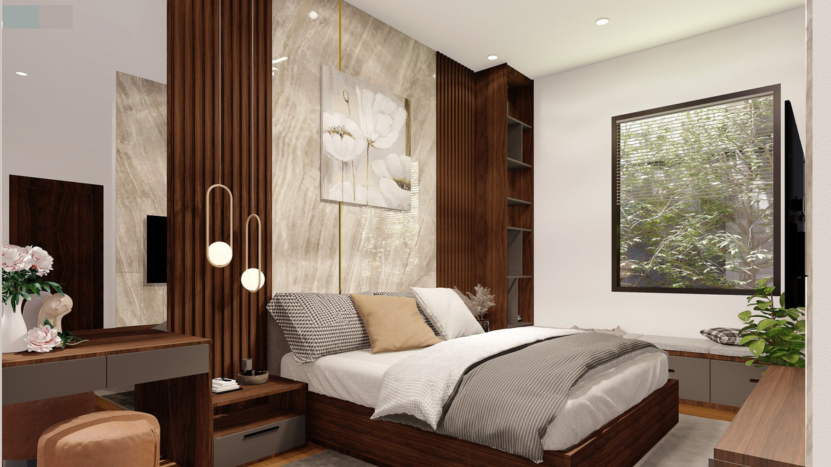 Phòng ngủ với tông màu gỗ và màu trung tính, tạo điểm nhấn cho không gian. Căn phòng nhẹ nhàng, bình yên tạo sự thoải mái và yên tĩnh cho gia chủ.