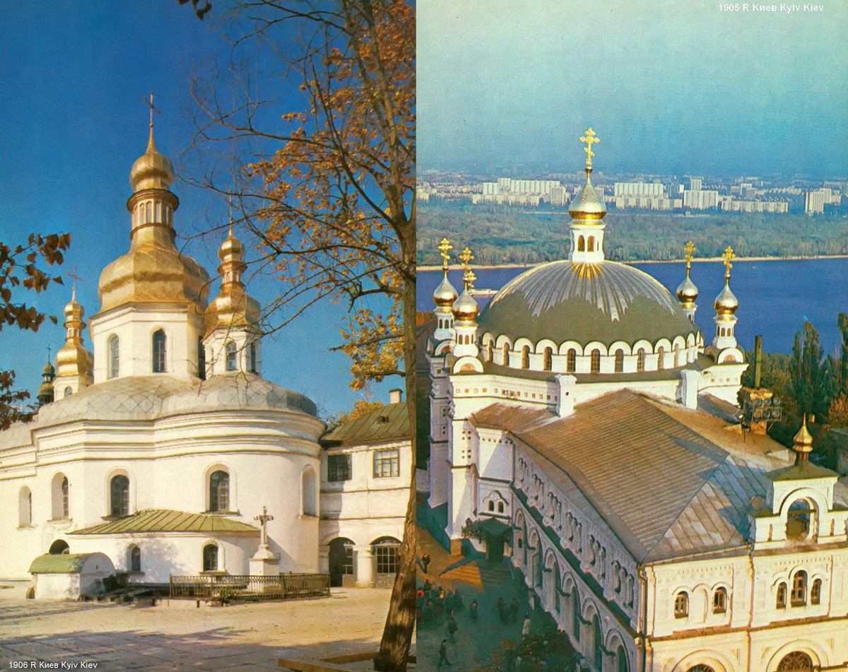 Nhà thờ Suy tôn Thánh giá, Kiev-Pechersk Lavra, thế kỷ 18 (trái) và nhà thờ Trapezna, Kiev-Pechersk Lavra, thế kỷ 19 (phải).