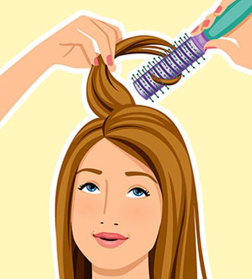 Sấy bằng lược tròn. Chia tóc thành từng lọn nhỏ. Dùng lược tròn luồn xuống phía dưới để nâng lọn tóc lên, giữ máy sấy chĩa vào chân tóc trong khoảng 10 giây để làm khô phần da đầu rồi kéo cả lược và máy sấy dần về phía ngọn tóc. Lặp lại 2 lần cho mỗi lọn và làm tuần tự cho đến hết đầu.