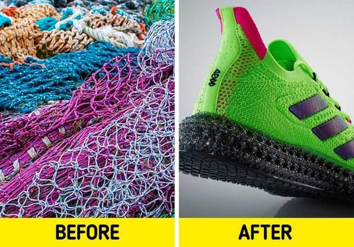 3. Đôi giày thể thao được làm từ rác và lưới đánh cá. Adidas có chiến dịch tái chế những thứ không dùng được. Một số cửa hàng Adidas ở Anh, Canada, Mỹ và Pháp hiện có giỏ đặc biệt đựng quần áo và giày cũ. Ngoài ra, họ tái chế rác thải nhựa từ vùng ven biển và tái chế rác và lưới đánh cá thành giày thể thao. Trung bình, 11 chai nhựa được sử dụng để làm ra đôi giày thể thao. Theo công ty, quần áo và giày dép sẽ không còn bị coi là phế thải khi hết thời gian sử dụng mà sẽ trở thành nguồn cung cấp các sản phẩm mới có giá trị. Họ đã bán được 1 triệu đôi giày thể thao được làm từ rác đại dương vào năm 2017 và họ sẽ không dừng lại ở đó.