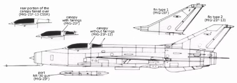 Đặc điểm của thế hệ MiG-21 đầu tiên là mũi thuôn nhỏ, không có radar, sống lưng "ốm", đuôi đứng nhỏ, không có chỗ chứa dù giảm tốc phía sau. Máy bay được trang bị 2 pháo NR-30 30mm gắn bên trong thân và chỉ có 2 mấu cứng ở trên cánh cho tên lửa và rocket.