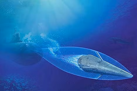 Hình ảnh mô phòng ngư lôi Shkval được phóng đi từ tàu ngầm.