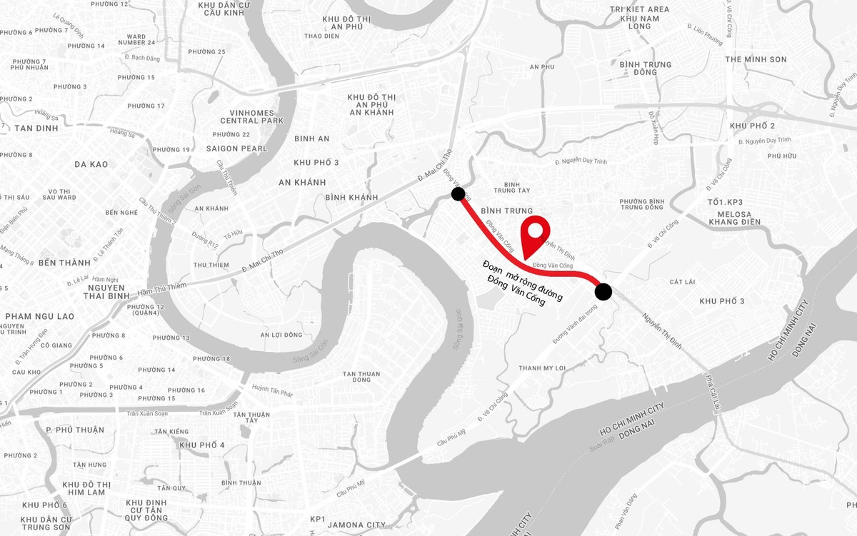 Vị trí dự án mở rộng đường Đồng Văn Cống (TP Thủ Đức). Đồ họa: Zing.