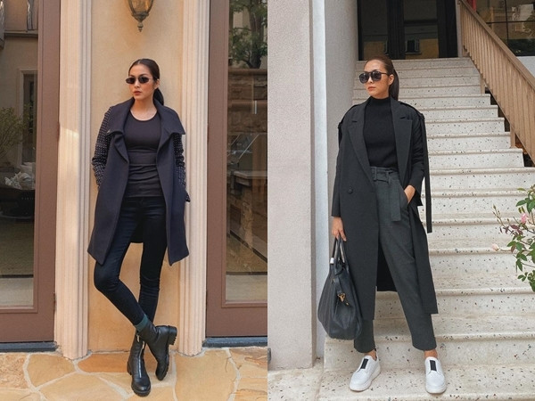 Chiều cao và vóc dáng cân đối của Hà Tăng không hề bị lu mờ bởi thiết kế kén người mặc mà trái lại còn càng thêm nổi bật. Những set đồ đen hiện đại, form dáng cứng cáp thường xuyên là lựa chọn yêu thích của cô trong dạo phố.