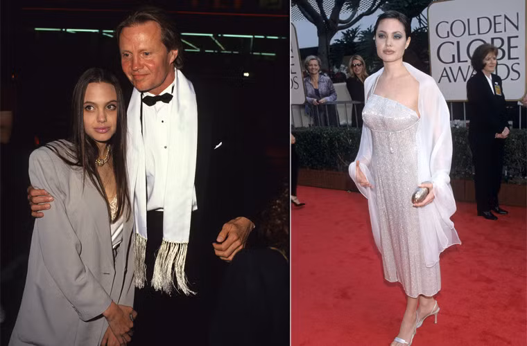 Năm 1991, Angelina Jolie lúc đó là cô bé 16 tuổi e ấp khi cùng bố Jon Voight bước trên thảm đỏ một sự kiện. Năm 1998, cô bé Jolie ngày nào giờ đã trưởng thành và ra dáng ngôi sao lớn trên thảm đỏ Quả Cầu Vàng.