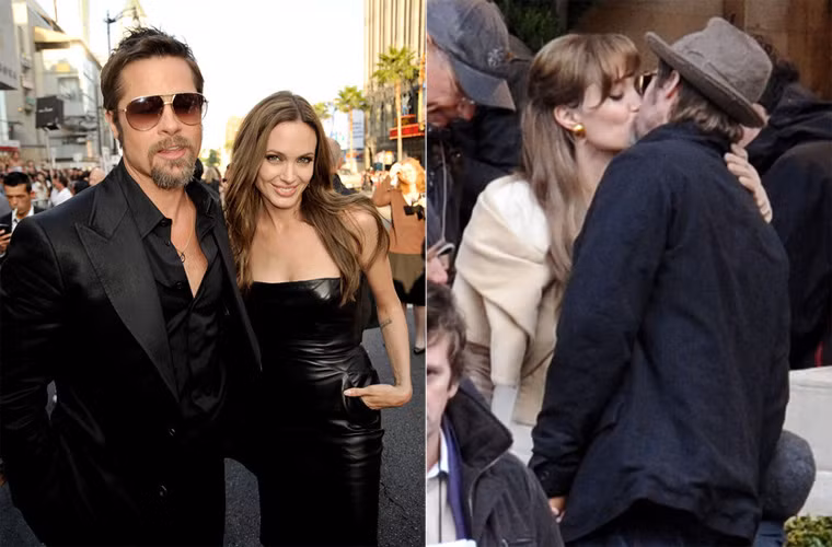 Nụ cười tươi của hai ngôi sao khi tham dự buổi công chiếu phim Inglorious Basterds năm 2009 ở Hollywood (trái). Brad trao cho người tình nụ hôn sâu khi tới thăm Jolie trên phim trường "The Tourist".