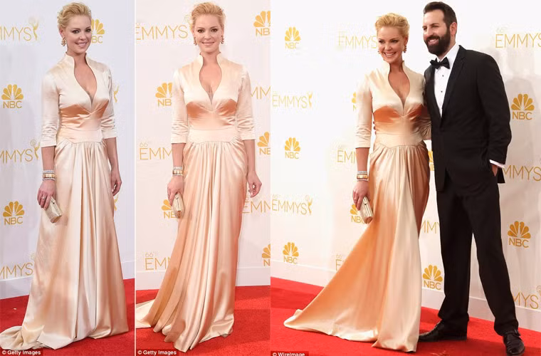 Katherine Heigl bị chê gout thời trang khi chọn chiếc váy lụa màu mỡ gà hiệu John Hayles.