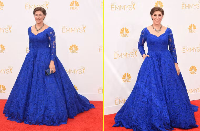 Mayim Bialik chọn cho mình chiếc váy ren màu xanh dương hiệu Oliver Tolentino dài lượt thượt và quá nặng nề.