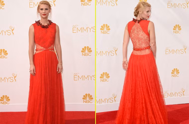 Claire Danes nổi bật với chiếc váy màu đỏ hiệu Givenchy nhưng tổng thể trang phục đã bị phá hỏng bởi chiếc thắt lưng chẳng ăn nhập.