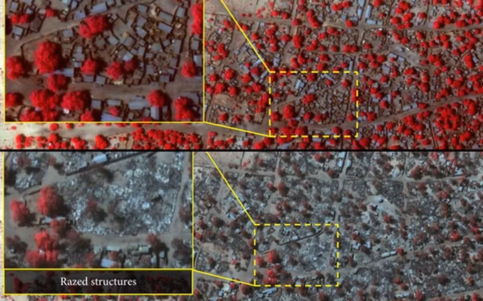 Ảnh chụp vệ tinh vùng đông bắc Nigeria trước (ảnh trên) và sau vụ thảm sát của phiến quân Boko Haram. Vụ tấn công này được cho là đẫm máu nhất lịch sử của nhóm khủng bố khét tiếng nhất Nigeria.