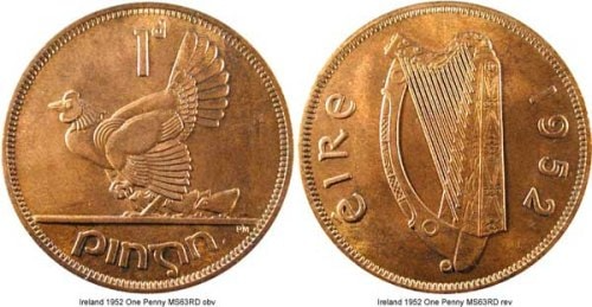 Đồng một xu Ireland: Những người Ireland gốc tin rằng đồng một xu (penny) của nước mình mang lại may mắn cho bất cứ ai nhận được. Một số tài liệu còn kể lại rằng những người bán hàng nơi đây xưa kia có phong tục trả lại đồng một xu cho khách tới mua để chúc họ may mắn với món đồ vừa lựa chọn. Lý do nữa khiến đồng tiền này trở nên giá trị là việc nó chỉ được đúc trong khoảng thời gian nhất định (1928-1968).