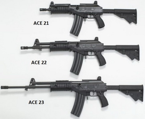 Trong ảnh: - ACE 21, 5.56x45mm NATO, nòng dài 215mm, súng dài 730/650mm khi thay báng gập/mở bằng kéo/rút, nặng 2,8kg, băng đạn 35 viên chuẩn Galil - ACE 22, 5.56x45mm NATO, nòng dài 332mm, súng dài 847/767mm khi thay báng gập/mở bằng kéo/rút, nặng 3,3kg, băng đạn 35 viên chuẩn Galil - ACE 23, 5.56x45mm NATO, nòng dài 460mm, súng dài 975/875mm khi thay báng gập/mở bằng kéo/rút, nặng 2,8kg, băng đạn 35 viên chuẩn Galil