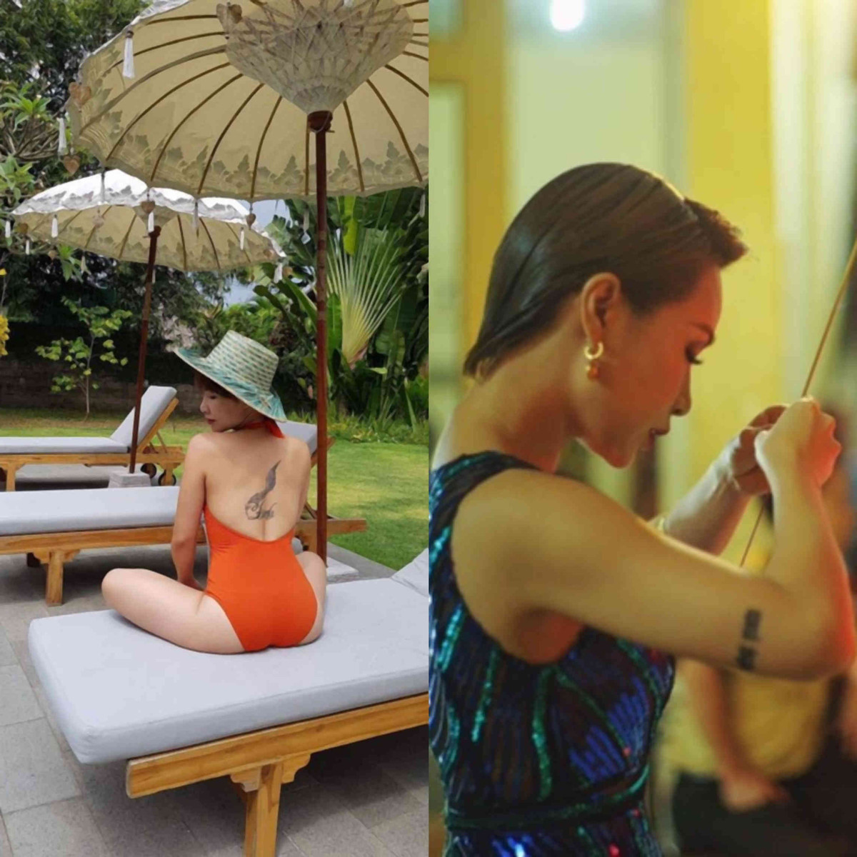 Uyên Linh để lộ hình xăm lông vũ kèm ký tự "L" và chữ "Đinh" ở phía sau lưng vào năm 2014. Quán quân Vietnam Idol chia sẻ hình xăm này thể hiện mong muốn tâm hồn tự do phóng khoáng, bay bổng, sáng tạo, muốn bay lên với niềm đam mê của mình. Giọng ca sinh năm 1987 còn sở hữu hình xăm trên cánh tay phải là dòng chữ "Bình yên" bằng tiếng Do Thái.