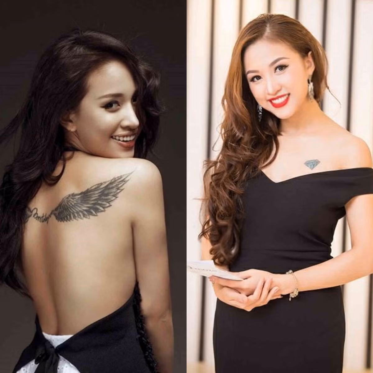 Diễn viên, MC Vân Hugo có hình xăm đôi cánh thiên thần khổng lồ được nối với nhau bằng dòng chữ tiếng Anh "Born to be free" - tạm dịch là "Sinh ra để tự do". Cô cho hay, hình xăm nói lên quan điểm của cô, không trói buộc mình vào một khuôn khổ mà muốn làm bất cứ những gì mình yêu thích. Thanh Vân còn có hình xăm viên kim cương trước ngực trái trái, ý nghĩa của viên kim cương được cô chia sẻ là biểu trưng cho sự cứng rắn, giúp cô tránh sự tổn thương trong chuyện tình cảm.