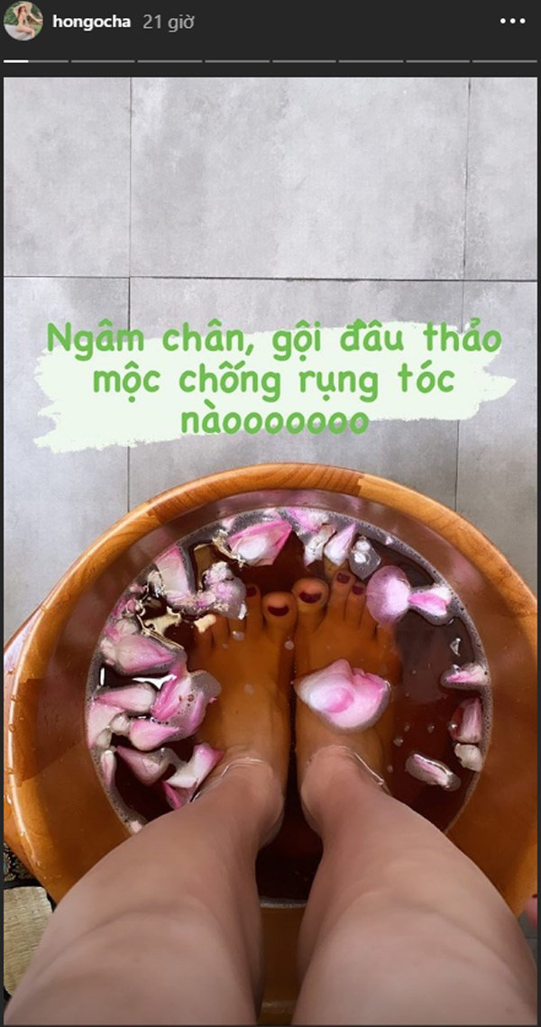 Hồ Ngọc Hà lựa chọn ngâm chân cũng như gội đầu bằng thảo mộc để giúp chân không bị phù nề, tóc được mượt mà hơn cũng nhưn giúp cho tình thần nhẹ nhàng thư thái, giải tỏa stress, lưu thông khí huyết.