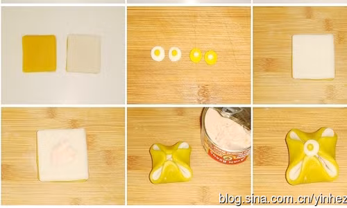 Bước 2: Sau khi đã tạo được những khối bột hình vuông đều nhau, bạn xếp chồng hai miếng bột ngô và bột nếp với nhau, có thể xếp bột ngô trước, bột nếp sau hoặc ngược lại tùy theo sở thích. Tiếp đó bạn lấy cá ngừ đóng hộp ra rồi trộn với một chút muối, đặt cá ngừ vào giữa khối bột và xếp 4 góc lại cho đẹp giống như trong hình. Sau khi làm xong, bạn bôi lên miếng bánh một chút dầu ăn.