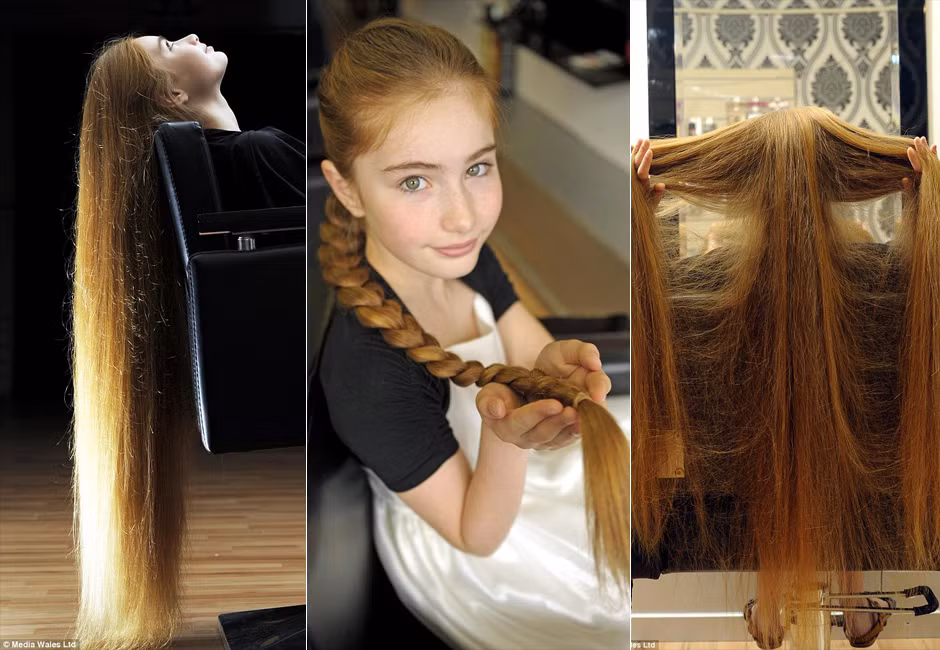 Tờ Daily Mail của Anh đưa tin, cô bé Katy White người Anh mới 12 tuổi nhưng cô bé đã sở hữu mái tóc vàng dài tới hơn 1m.