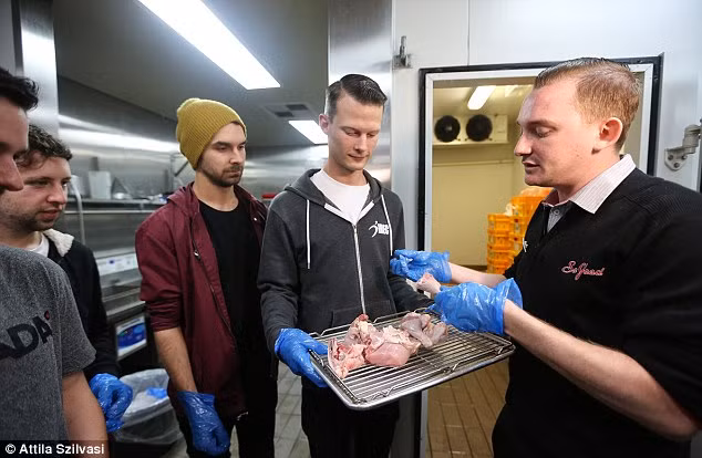 Quản lý nhà hàng Ben Sondermeyer (ngoài cùng bên phải) chỉ cho du khách thấy các nguyên liệu từ ngực, chân, đùi và cánh gà tươi được bảo quản trong từ nhiệt độ phòng mát mẻ.