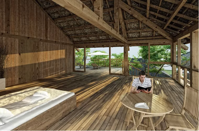 Các nhà hàng và nhà nghỉ đều là những cấu trúc tre được xây dựng trên nền tảng bê tông, trôi nổi trên sông, trong khi các spa cũng là sự kết hợp của vật liệu này.