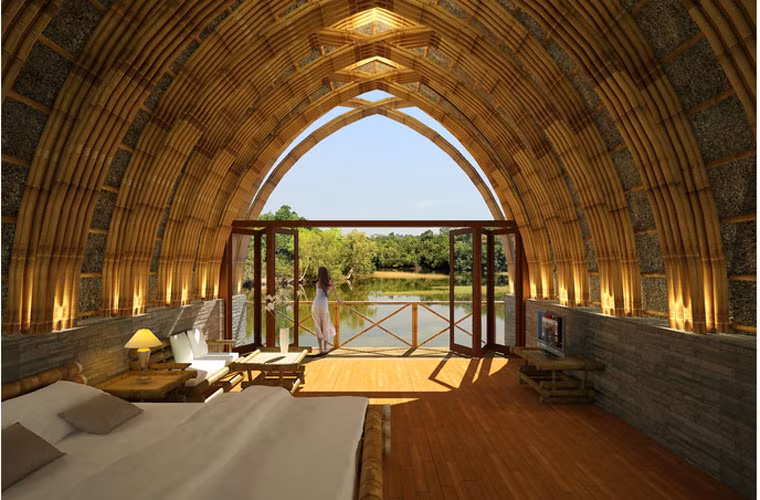 Phòng tiếp tân nằm ở cuối lối vào của khách sạn, bên cạnh một bãi đỗ xe. Mái nhà được làm bằng cấu trúc tre và trần nhà cố định trên cột bê tông cốt thép.