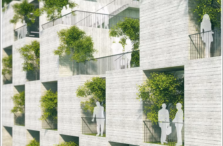 Mái của tòa nhà cũng được bao phủ bởi cây xanh lớn để tạo không gian thư giãn, đồng thời cũng giúp che chắn ánh sáng mặt trời cho toàn bộ tòa nhà. Ảnh: website Võ Trọng Nghĩa.