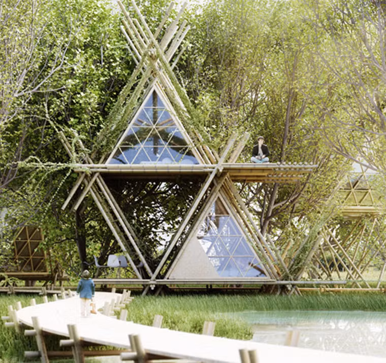 Tận dụng những vật liệu tự nhiên sẵn có, các kiến trúc sư đã thiết kế công trình đặc biệt này theo một cấu trúc tre linh hoạt, có thể dễ dàng mở rộng theo chiều ngang và chiều dọc.