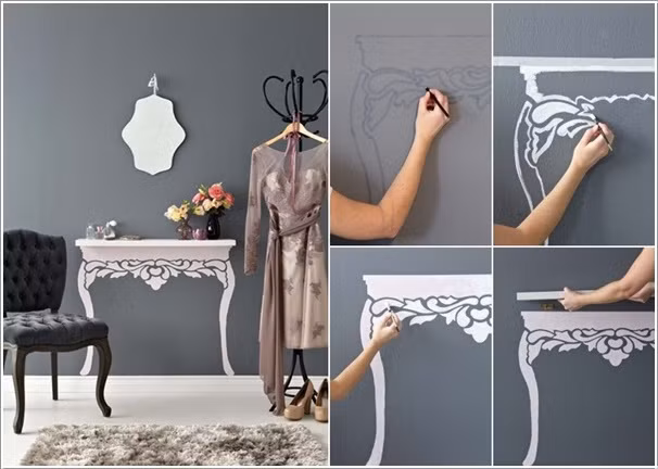 Vẽ kệ giả cho chiếc bàn cũng là một ý tưởng hay nếu căn phòng của bạn không còn đủ không gian để kê bàn.