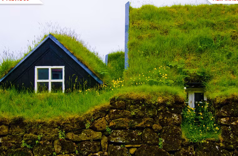 Ngôi nhà mái cỏ ở Iceland với bức tường đá bao quanh.