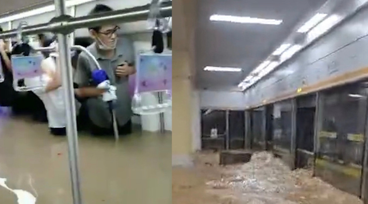 Trên Internet, hình ảnh nước lũ tràn vào tàu điện ngầm tại Trịnh Châu được chia sẻ rộng rãi. Theo Asia Times, khoảng 500 hành khách trong một con tàu phải chịu cảnh nước dâng lên nửa người. Mọi người trèo lên ghế, nhắn tin khẩn cấp qua smartphone trong khi nước ngày càng dâng cao. Ảnh: WeChat.