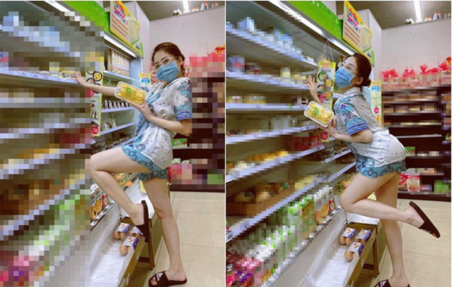 Không chỉ thế, cô còn tạo dáng co chân trong siêu thị, dễ gây mất điểm.