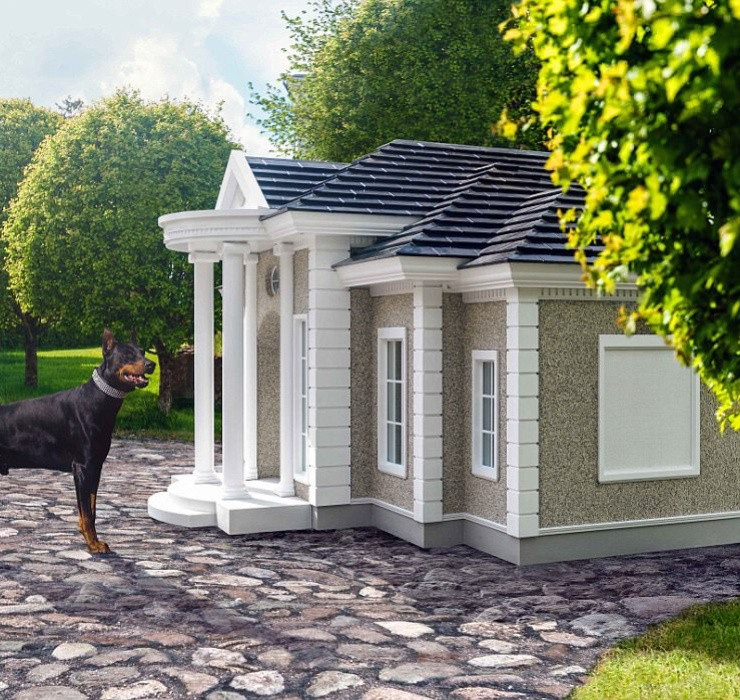 Ngôi nhà sở hữu lối kiến trúc ấn tượng, bên trong được trang bị đầy đủ hệ thống chiếu sáng, sưởi ấm, rất tiện nghi cho các chú cún.