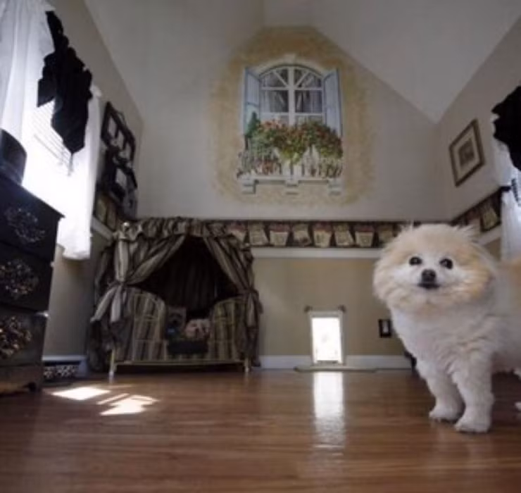 Bên trong căn biệt thự, sàn gỗ được thiết kế bóng loáng và trần nhà được làm theo hình vòm. Rèm cửa được thiết kế với 2 màu trắng đen đối lập nhìn rất phong cách.