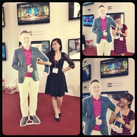 Diệp Chi nhí nhố với mô hình của đồng nghiệp Quang Minh.