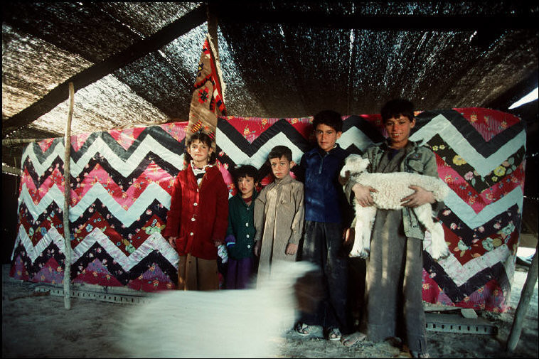 Trẻ em tộc người Hadadiyne trong túp lều truyền thống gần thị trấn Palmyra, nơi đã trở thành bình địa do cuộc chiến tranh Syria những năm vừa qua. Ảnh: Magnum Photos.