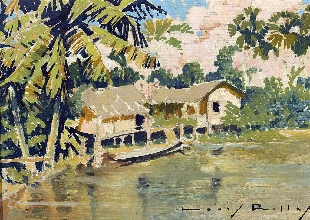 Nhà sàn ven bờ sông Cửu Long. Tranh của Louis Rollet, 1930.