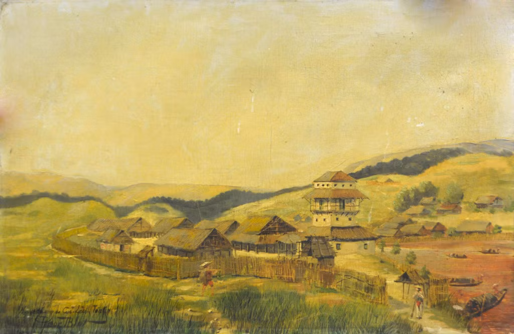 Doanh trại mới ở Cốc Lếu. Tranh của Léon Blot, khoảng năm 1886-1886.