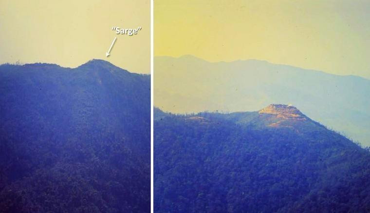 Trong chiến tranh Việt Nam, từ một đỉnh núi phủ đầy cây rừng (trái), cao điểm 552 đã bị quân đội Mỹ san phẳng để thiết lập căn cứ hỏa lực Sarge (phải).