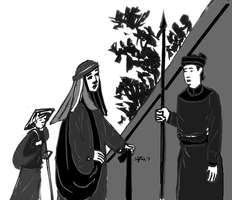  Danh tướng Phạm Ngũ Thư đã cải trang thành những người ăn mày nghèo khổ, bẩn thỉu để cùng quân sĩ đi hành khất, nắm bắt thông tin của địch. Tranh minh họa: Báo Bình Phước.