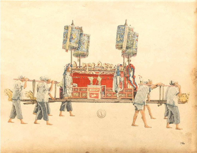 br/> Còn bức ký họa này lại phản ánh việc khiêng linh cữu trong đám ma.