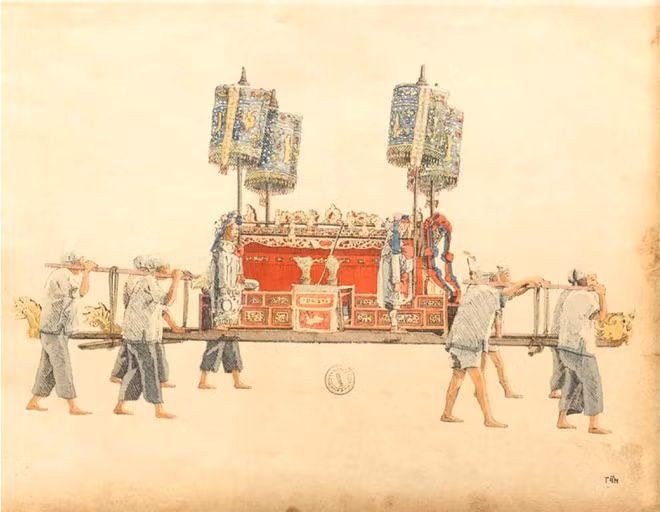 br/> Còn bức ký họa này lại phản ánh việc khiêng linh cữu trong đám ma.