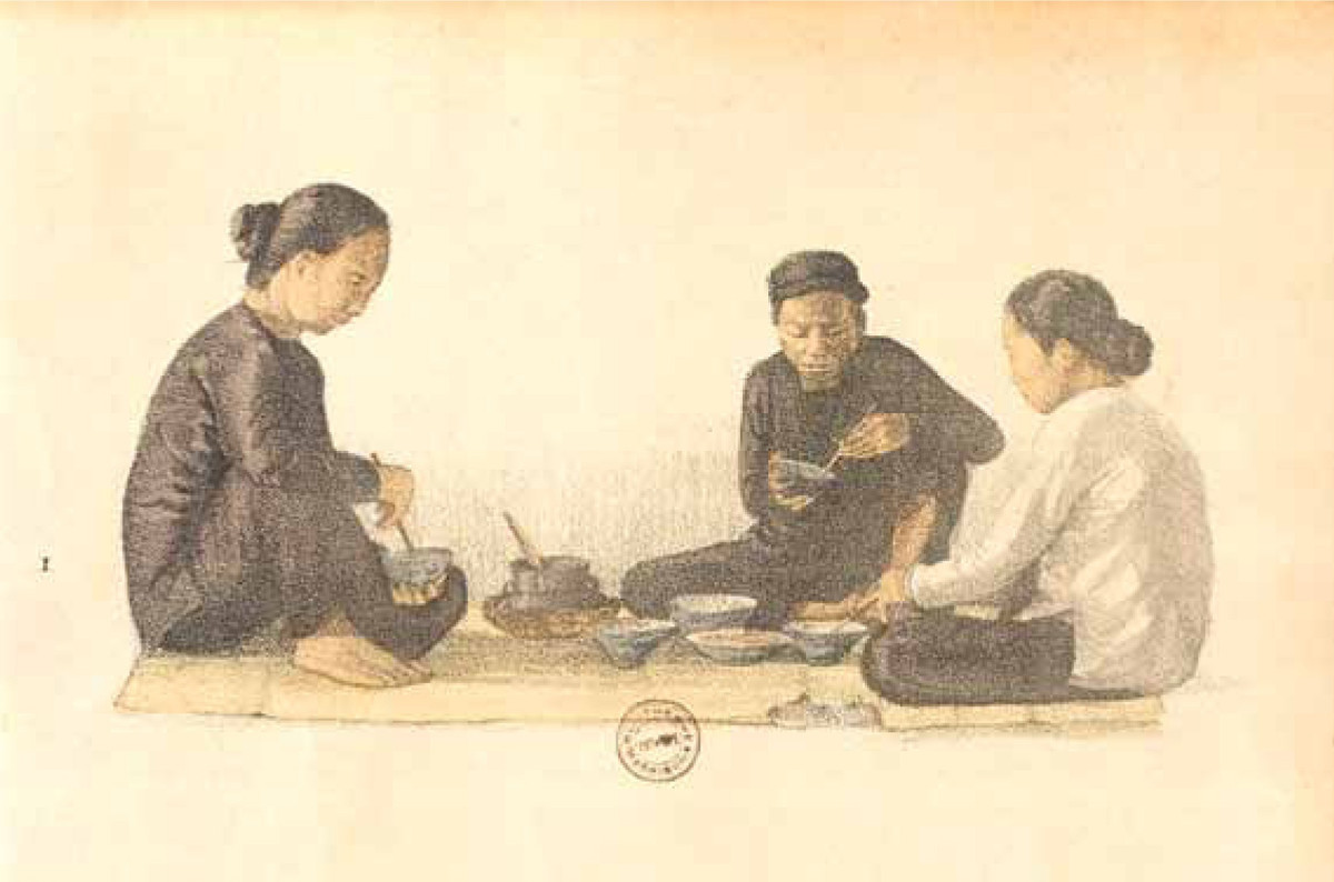 Bức ký họa một bữa cơm và các món ăn này cho biết phần nào phong tục ăn uống của người xưa.