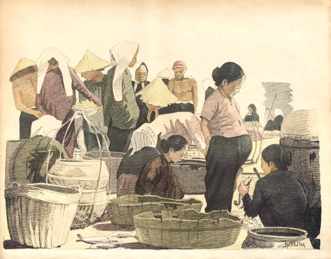 br/> Bức ký họa chợ cá tại Bà Chiểu (thuộc quận Bình Thạnh ngày nay) cho thấy hoạt động bán buôn trao đổi của người Sài Gòn xưa.