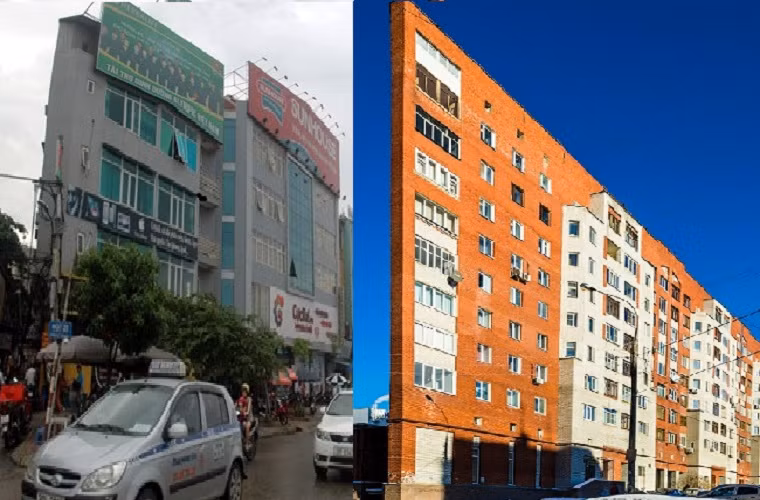 So sánh ngôi nhà tại Nga với ngôi nhà siêu mỏng trên đường Lê Đức Thọ tại Hà Nội (ảnh trái) không thấy được sự chênh lệch nhiều về chiều rộng của chúng. Nhìn từ xa ngôi nhà giống như những tấm ván gỗ cao lênh khênh giữa bầu trời. Chiều rộng chưa đến 1m.